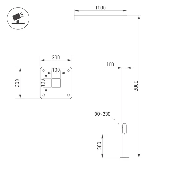 Фото #2 товара Опора OXOR-STER-G-1000x100x100-L3000-26W Warm3000 (BK, 230V) IP65 (Arlight, Сталь)