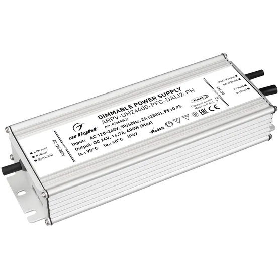 Фото товара Блок питания ARPV-UH24400-PFC-DALI2-PH (24V, 16.7A, 400W) (Arlight, IP67 Металл, 7 лет)