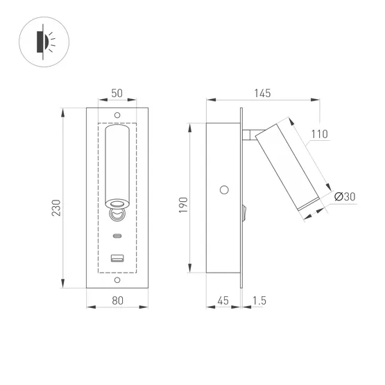 Фото #3 товара Светильник SP-BED-CHARGE-BUILT-S80x230-3W Warm3000 (WH, 20 deg, 230V, USB-A, USB-C) (Arlight, IP20 Металл, 3 года)