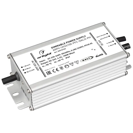 Фото товара Блок питания ARPV-UH24100-PFC-DALI2-PH (24V, 4.2A, 100W) (Arlight, IP67 Металл, 7 лет)