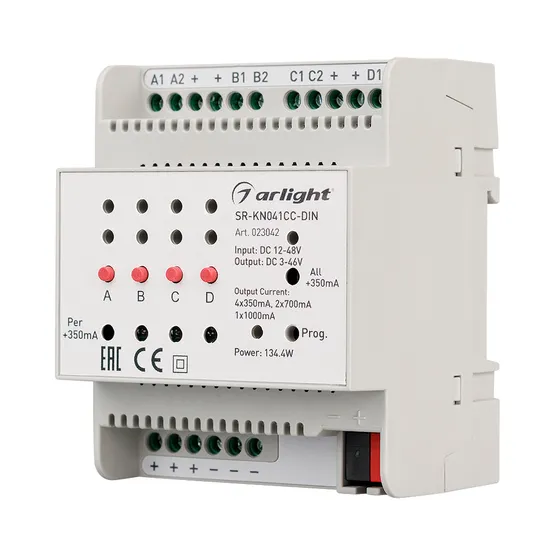 Фото товара Контроллер тока SR-KN041CC-DIN (12-48V, 4x350/700mA) (Arlight, IP20 Пластик, 2 года)