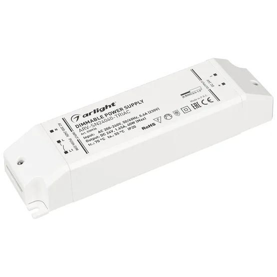 Фото товара Блок питания ARV-SN24040-TRIAC (24V, 1.65A, 40W) (Arlight, IP20 Пластик, 3 года)