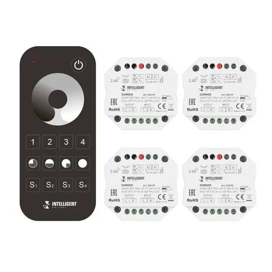 Фото товара INTELLIGENT ARLIGHT Диммер SMART-SET-TRIAC-601-72-DIM-PD-IN Black (230V, 1x1.5A, x4, ПДУ 10кн, 2.4G) (IARL, IP20 Пластик, 5 лет)