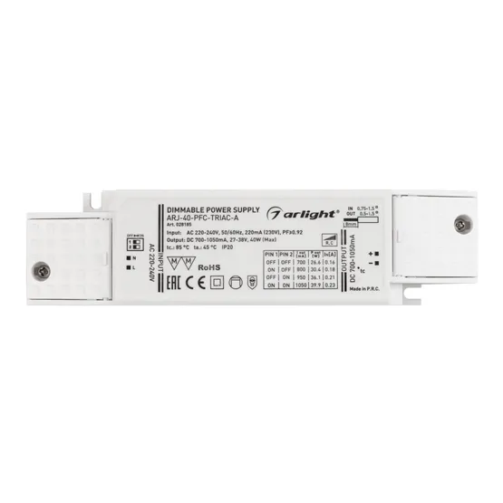 Фото #2 товара Блок питания ARJ-40-PFC-TRIAC-A (40W, 700-1050mA) (Arlight, IP20 Пластик, 5 лет)