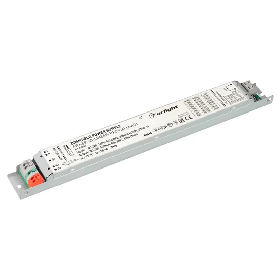 Фото товара Блок питания ARJ-SP-60-LINEAR-PFC-DALI2-ADJ (60W, 80-300V, 0.2-0.5A) (Arlight, IP20 Металл, 5 лет)