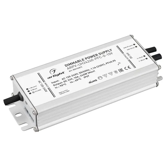 Фото товара Блок питания ARPV-UH24240-PFC-0-10V (24V, 10.0A, 240W) (Arlight, IP67 Металл, 7 лет)